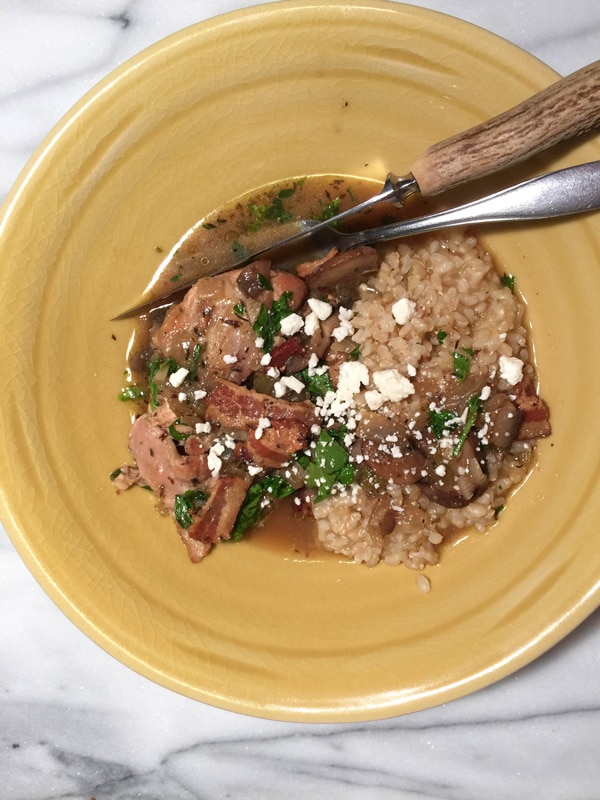 Overhead view of the coq au vin with some rice