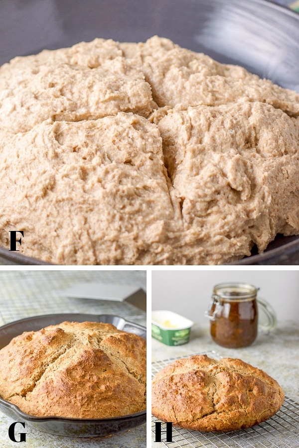 Bread dough with a cross in the pan and the bread baked