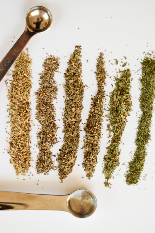 Spices lined up on parchment paper and 2 measuring spoons