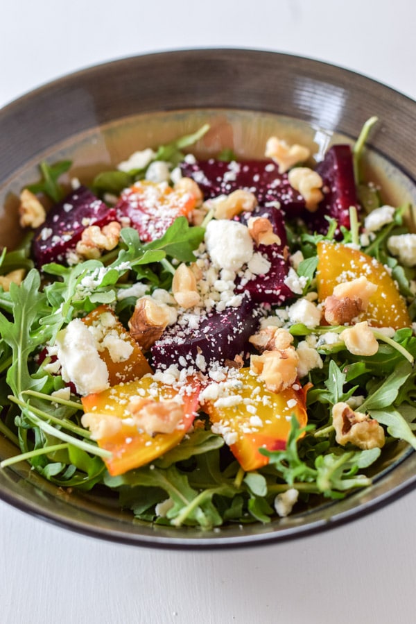 The beet salad assembled in a bowl but not dressed.
