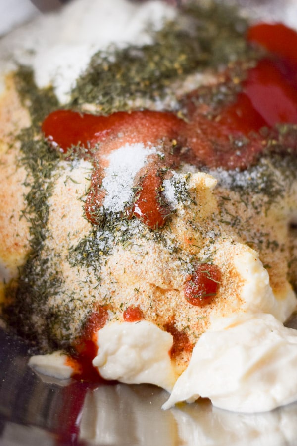 All the ingredients piled into a mixing bowl