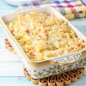 A baking dish with the lobster pasta straight out of the oven - square