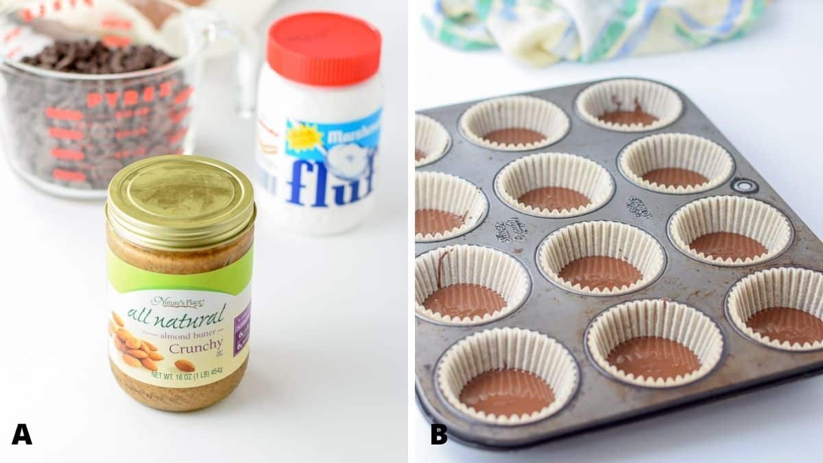 On the left - nut butter, fluff and chocolate chips. On the right - melted chocolate in muffin cups
