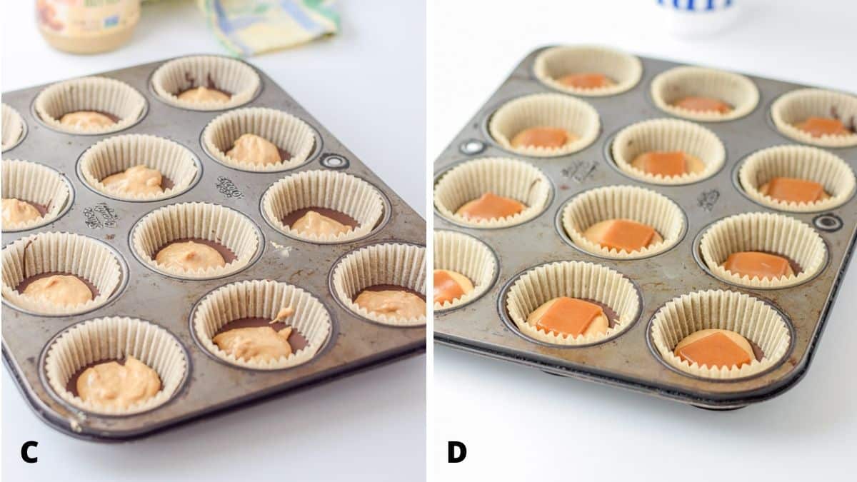 A muffin tin with nut butter on the chocolate and then caramel added on top of that