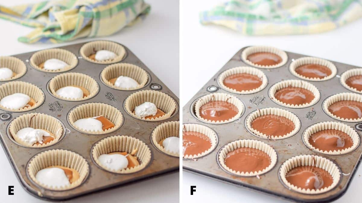 A muffin tin with marshmallow fluff added on the caramel and then more melted chocolate on top of that