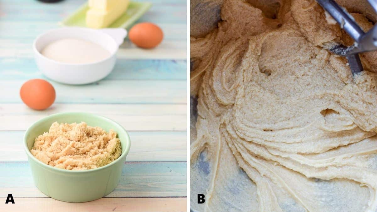 On left - sugars, eggs, butter and vanilla. On the right - all the wet ingredients mixed in the mixer