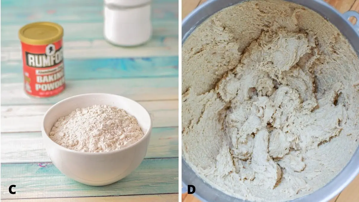 On the left - flour, baking powder and baking soda. On the right - a mixer with the dry ingredients incorporated with the wet
