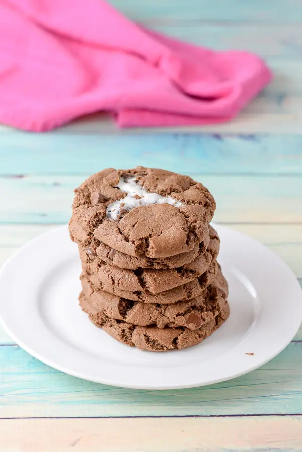 Stack of chocolate cookies on a white plate