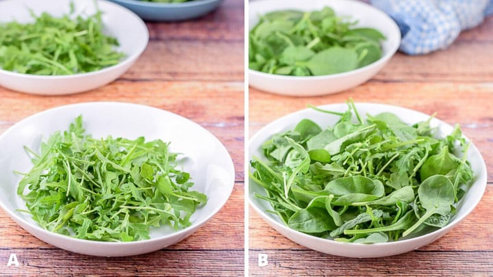 Arugula and spinach added to the bowls