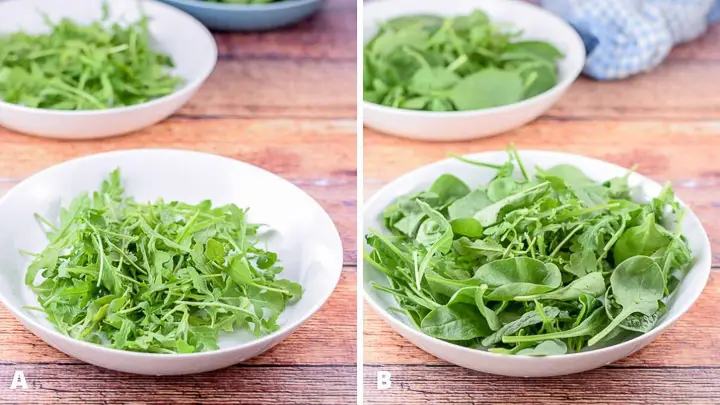 Arugula and spinach added to the bowls