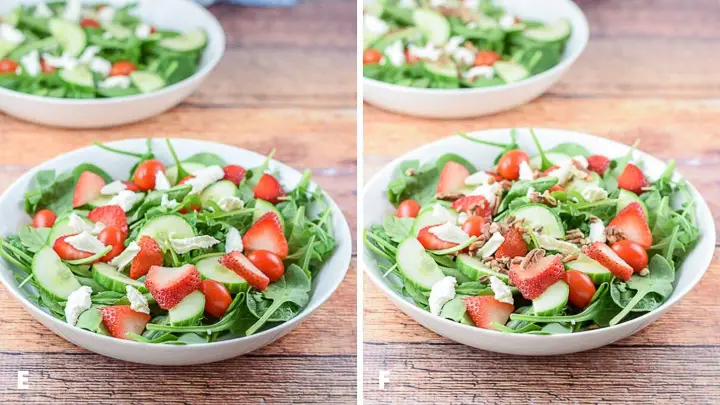 Strawberries, cheese and pecans added to the salad bowls