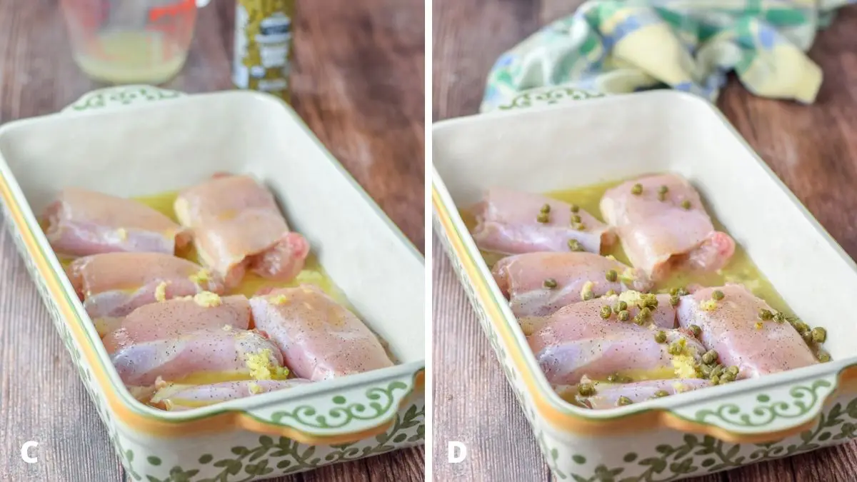 Left - broth and wine in the baking dish with the chicken. Right - capers and lemon juice added to the baking dish