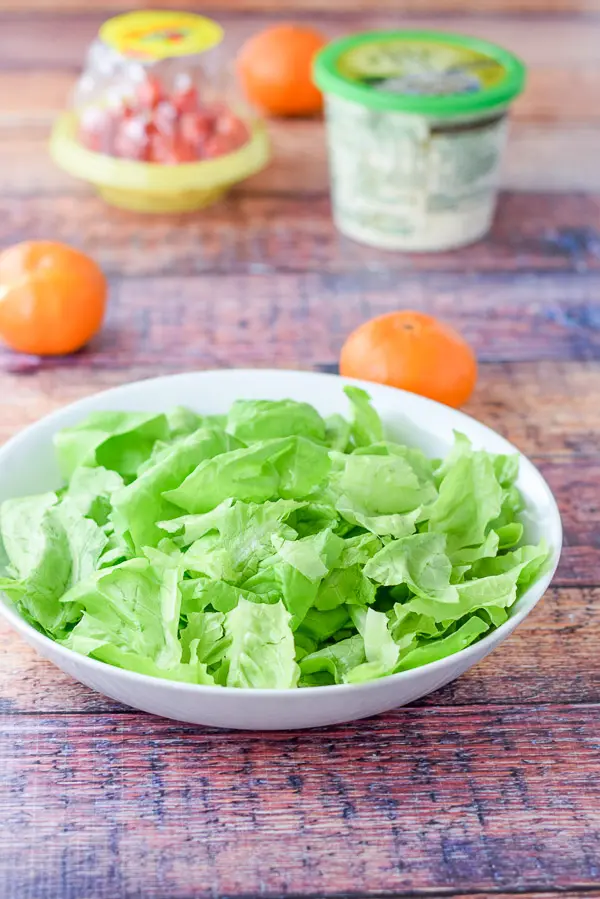 Boston lettuce added to a shallow white bowl, with the oranges, tomatoes and cheese in the background