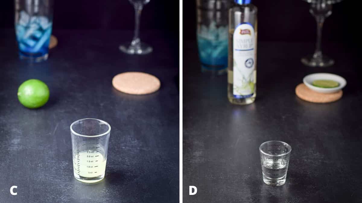 lime and simple syrup measured out with the lime and bottle in the background