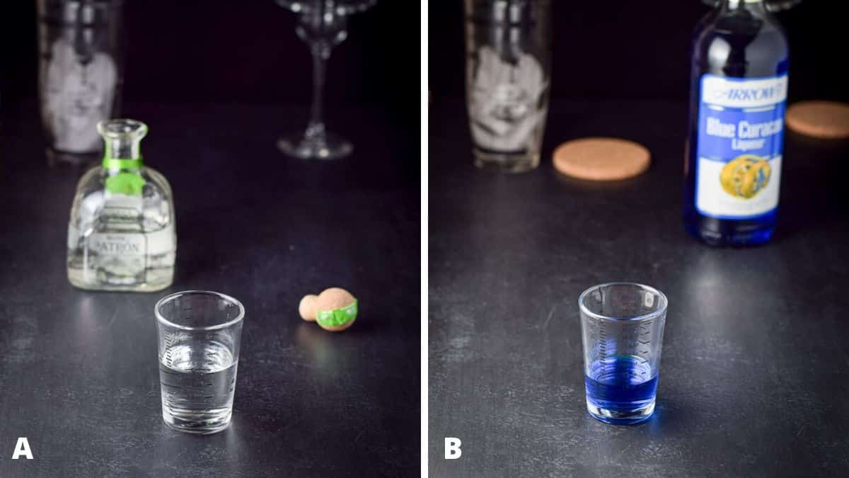 tequila and blue curacao measured out with the bottles in the background