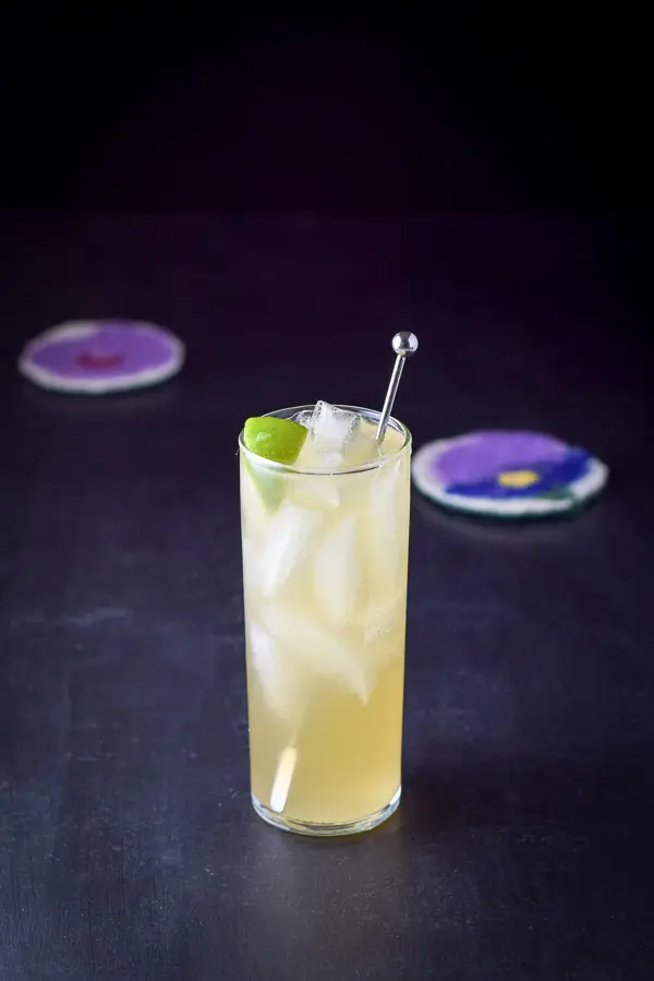 A collins glass filled with the cocktail with a stirrer and lime wedge in it