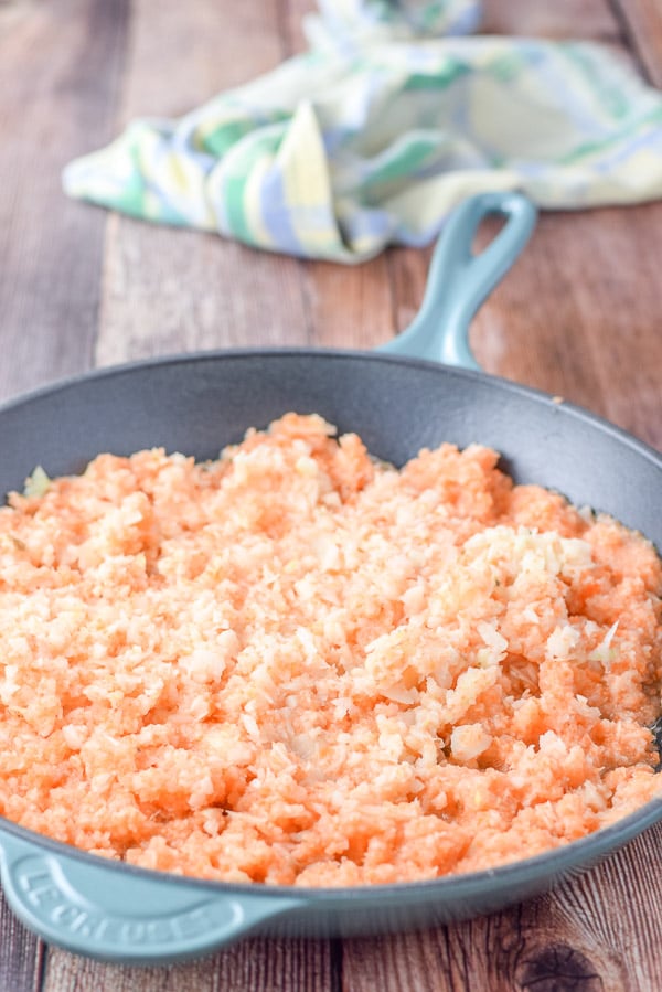Carrots, onion and celery processed and then put in a pan