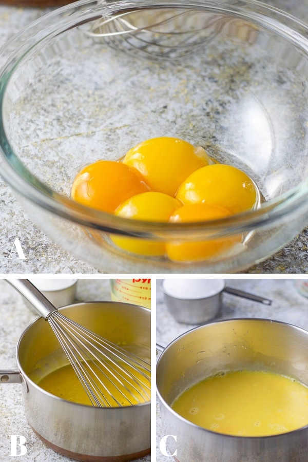 Egg yolk separated in a glass bowl, thickened yolk in a pan with sugar behind it