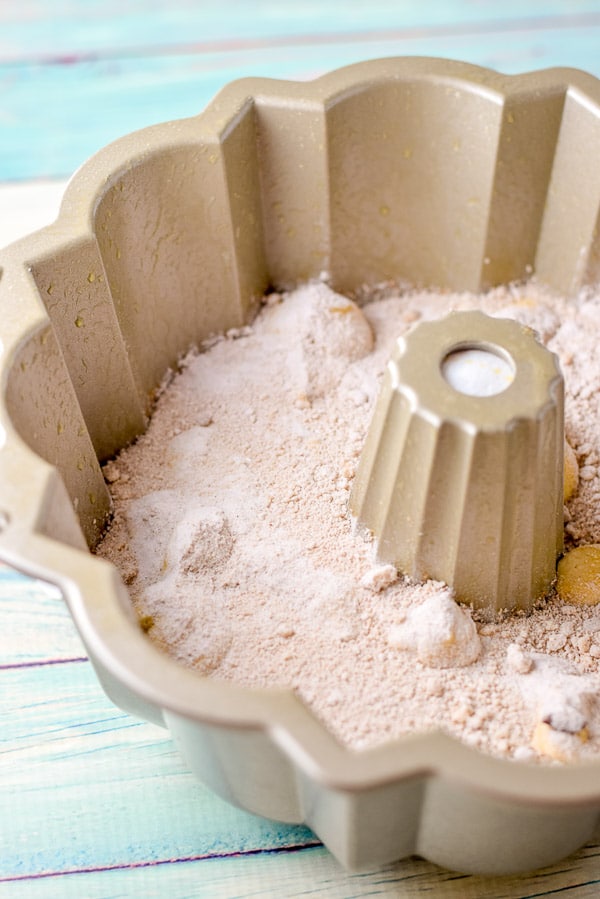 Brown sugar and butterscotch pudding mix on the dough in the bundt pan