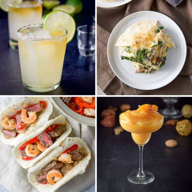 Cadillac margarita, spinach quesadilla, steak and shrimp fajita and peach margarita - square