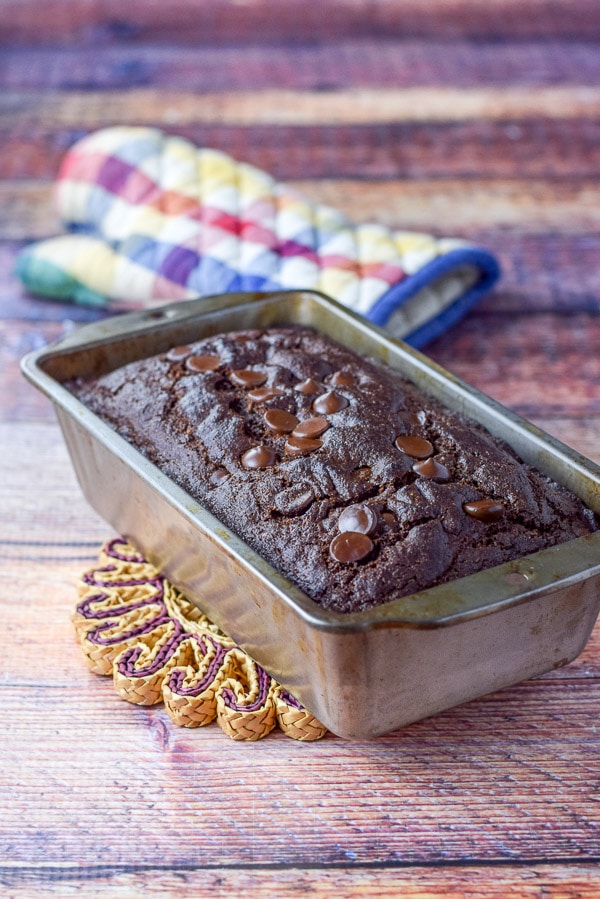 Chocolate bread baked fresh out of the oven and still in the pan