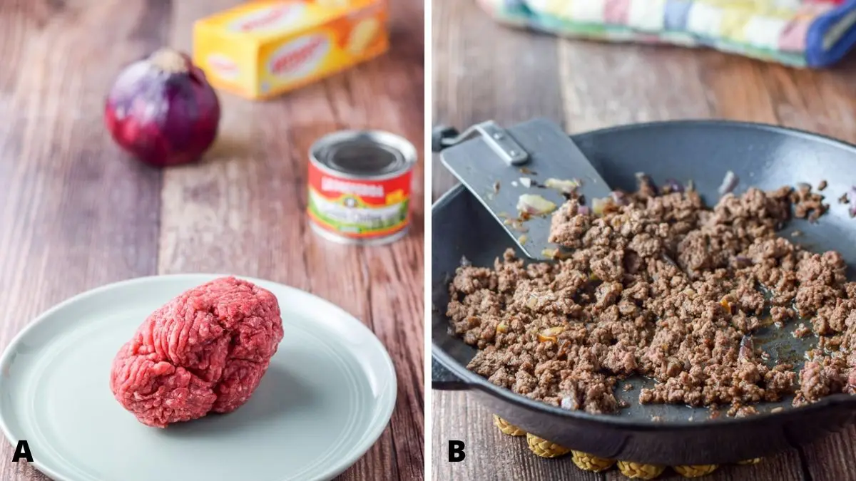 On the left - ground beef, onion, chiles and cheese. On the right - a sauté pan with the onion beef mixture sautéed