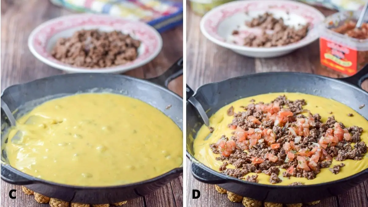 On the left - bubbly cheese in a pan with ground beef. On the right - beef and pico de gallo on top of the cheese