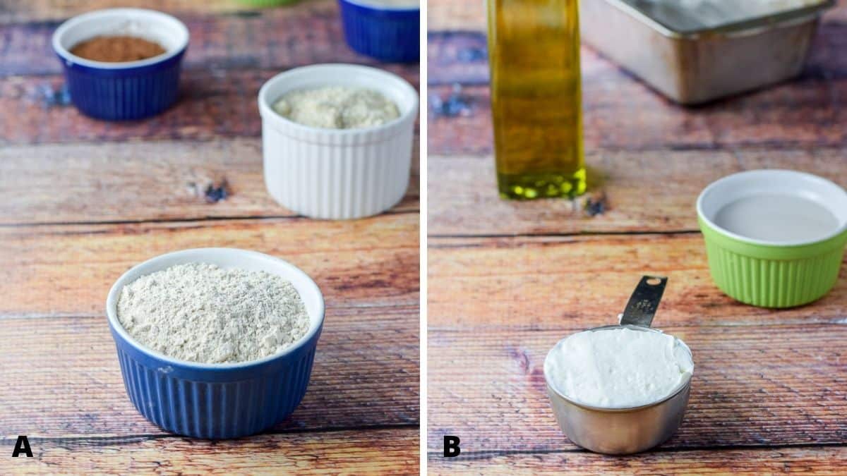 Flours, cocao, sugar on the left and yogurt, oil and a bread pan on the right