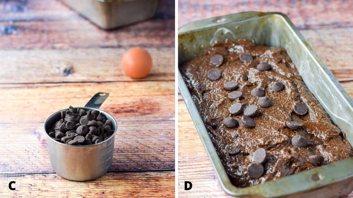 chocolate chips and an egg on the left and the batter in the pan on the right