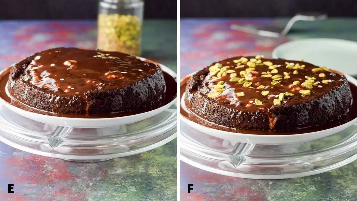 On the left - ganache poured on the cake and pistachios added on the right