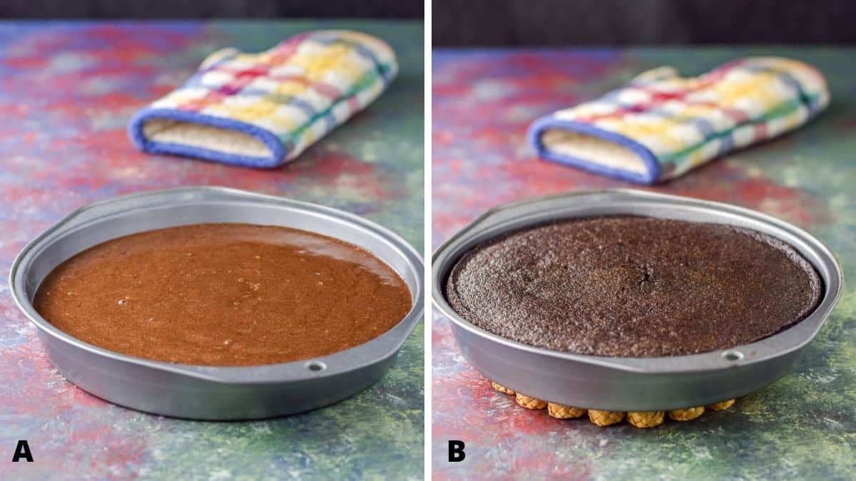 Cake batter in the pan on the left and then fresh out of the oven on the right