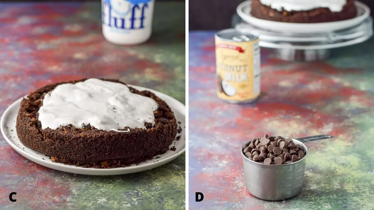 On the left - fluff spread on the cake and on the right the ingredients for the ganache - chocolate and coconut milk