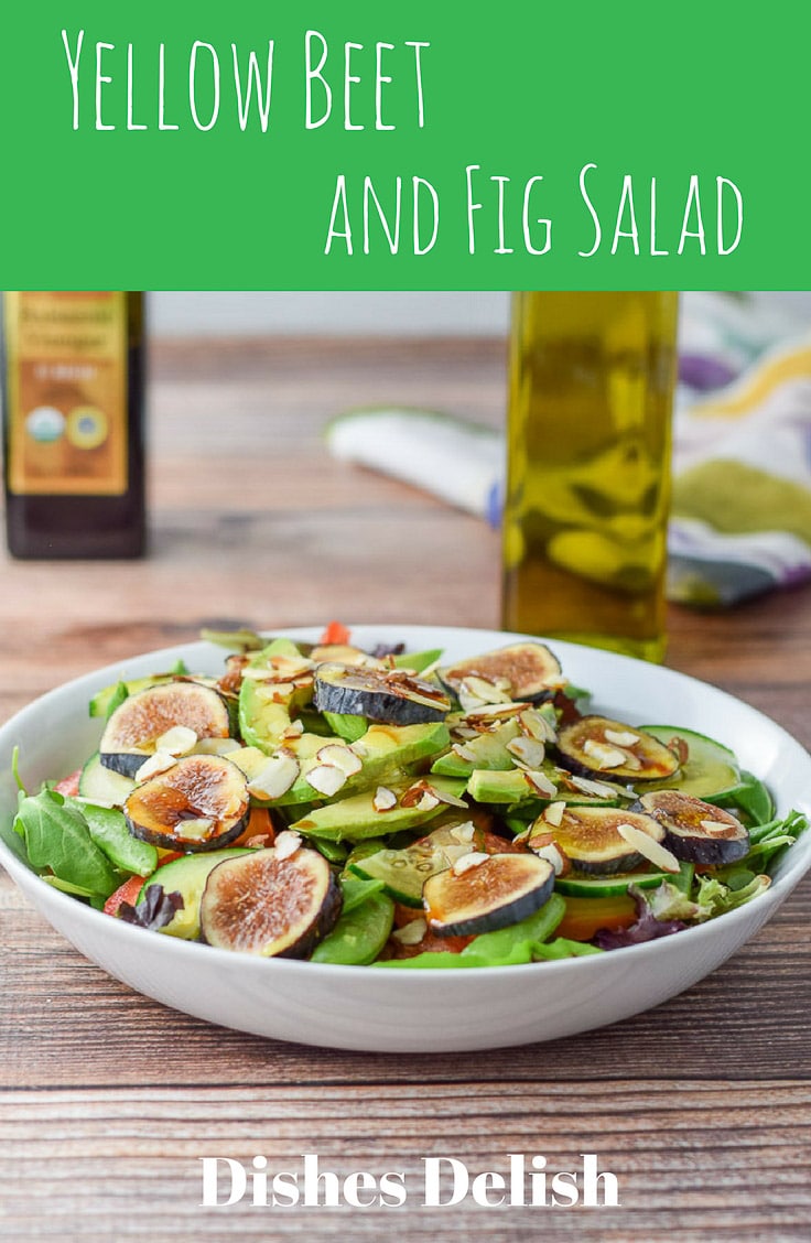 Delicious Yellow Beet and Fig Salad, so delicious and pretty to look at! Eating salads such as this will make salads fun again! #figs #beets #salads #dishesdelish #dishesdelishrecipes https://ddel.co/ybfsal
