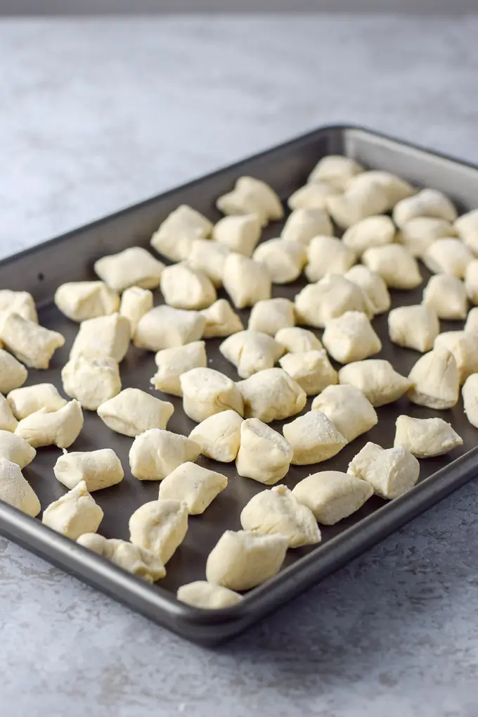 A pan of uncooked gnocchi