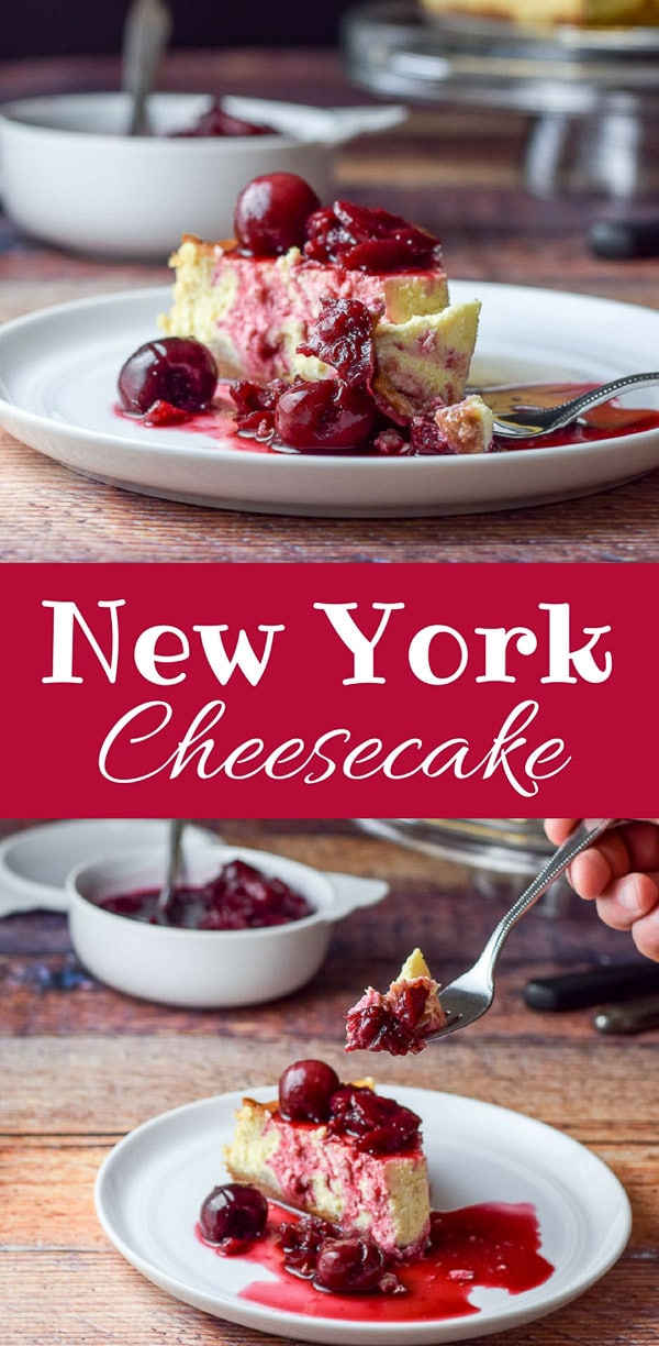 This classic New York cheesecake can either be eaten plain or with a delicious sauce on it, like this cherry sauce. It is soooo creamy and delicious! #cheesecake #newyorkcheesecake #dessert #dishesdelishrecipes https://ddel.co/nyccke
