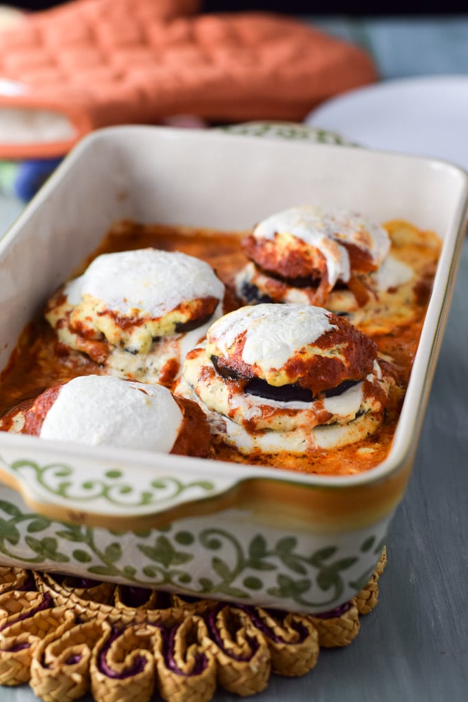 Stacks of eggplant straight out of the oven but still in the baking dish