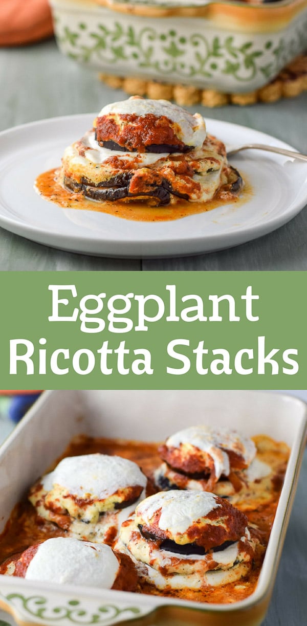 Healthy eggplant ricotta stacks are cheesy fun and delicious! The eggplant is baked not fried! Yay for healthier eggplant parm! #eggplant #eggplantparmesan #italian #dishesdelish #dishesdelishrecipes https://ddel.co/stckeggplnt