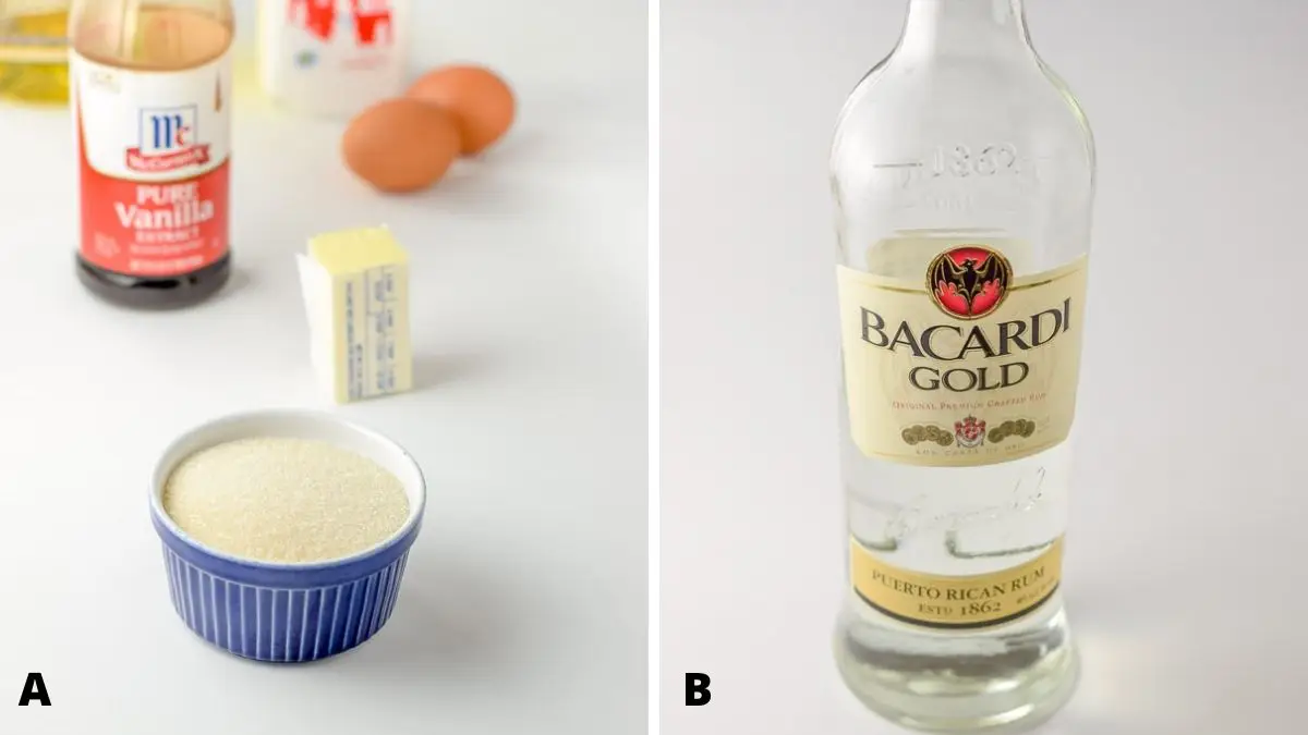 On left - sugar, butter, vanilla, eggs, milk and oil. On right - a bottle or clear rum