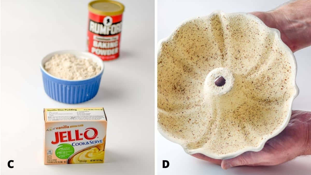 On the left - pudding, flour and baking powder. On the right - a greased and flour bundt pan