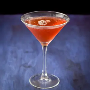 A square photo of the red cocktail in a martini glass