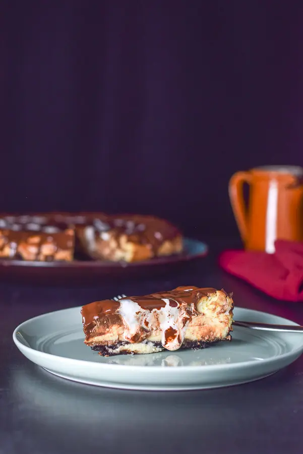 Closer look at the cheesecake with fluff and chocolate dripping from it