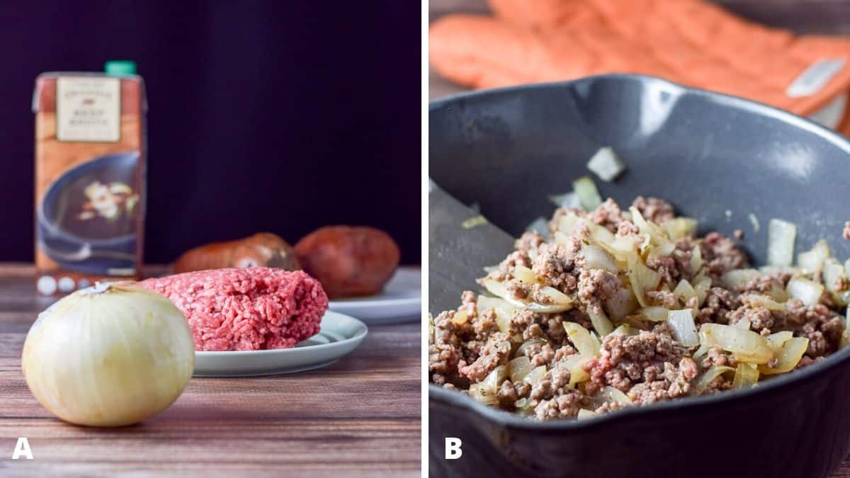 Onion, beef, yams and broth on the left and on the right, saut&eacute;ed onion and beef in a pan