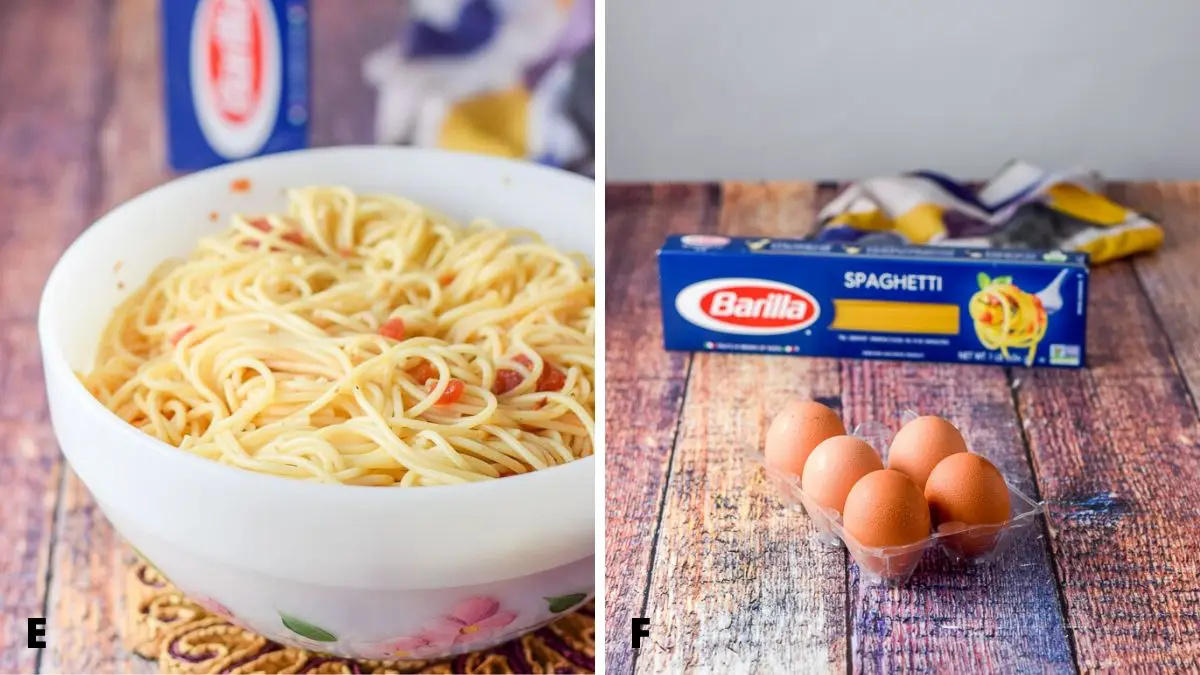 A bowl of spaghetti with a little sauce on it on the left and eggs on the right