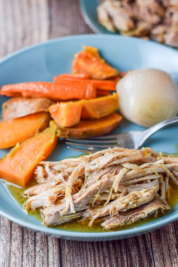 Close up of the pork on a blue plate with onion and carrots