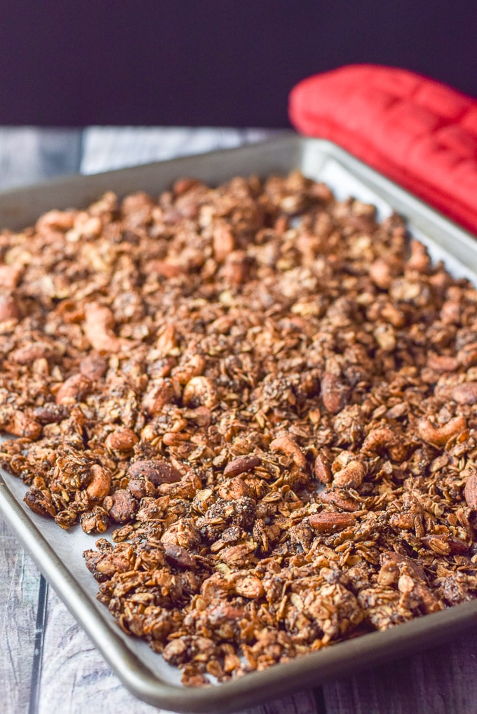 Granola straight out of the oven still in the pan