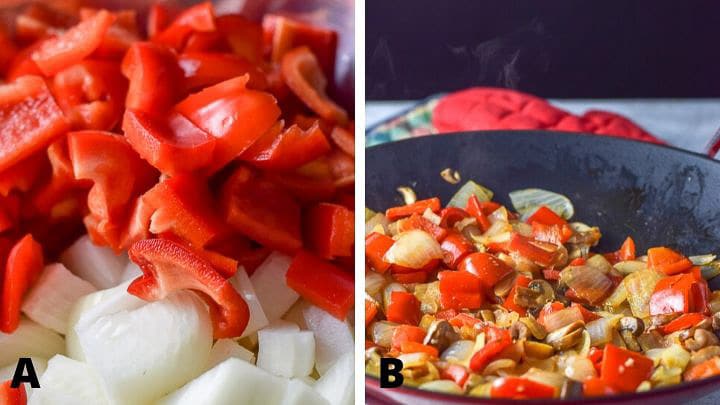 Vegetables cut up and saut&eacute;ed in a wok