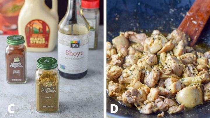 Left - Ingredients for the sauce and the right - chicken saut&eacute;ed in a wok