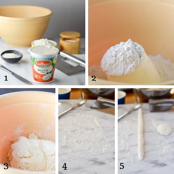 Ricotta, flour, cheese, salt in a bowl and mixed, and rolled in a snake