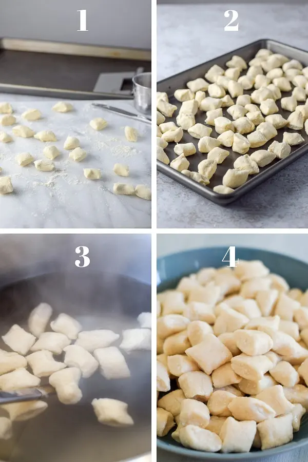 Gnocchi cut and put on a pan. Gnocchi floating in the water and in a bowl