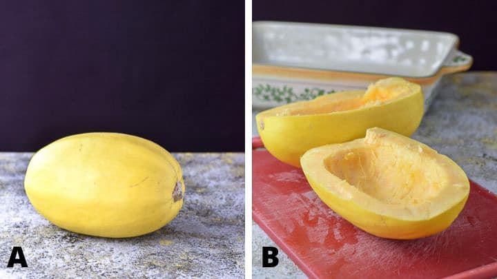 spaghetti squash whole and then cut in half with a baking dish in the background
